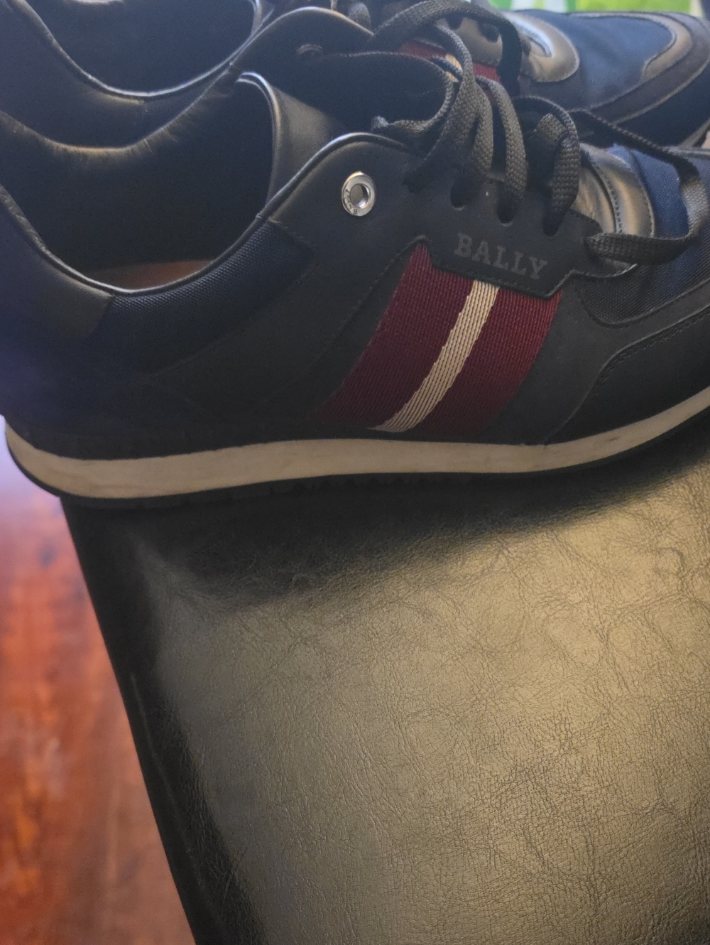 Bally Navy Leather Sneaker with Burgundy and White Stripe
